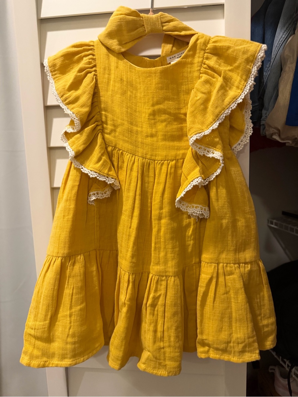 Girls Yellow Ruffle Cotton Dress with Lace Trim with headband